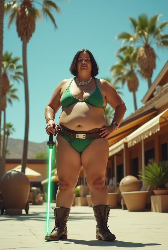 vintage photography of a burly middle aged man as a ((jedi with a light saber)) with ((textured bob haircut)) wearing studded (ankle boots),dressed in green bikini top,white necklace,palm trees,blue sky,outdoor furniture,patio setting,standing upright,hands on hips,slight smile,eye-level shot,centered subject,shallow depth of field,natural lighting,hyperrealistic,(low view:1.2),shot on Sony RX100 VII with Built-in 24-200mm f-2.8-4.5,photo by Lewis Baltz