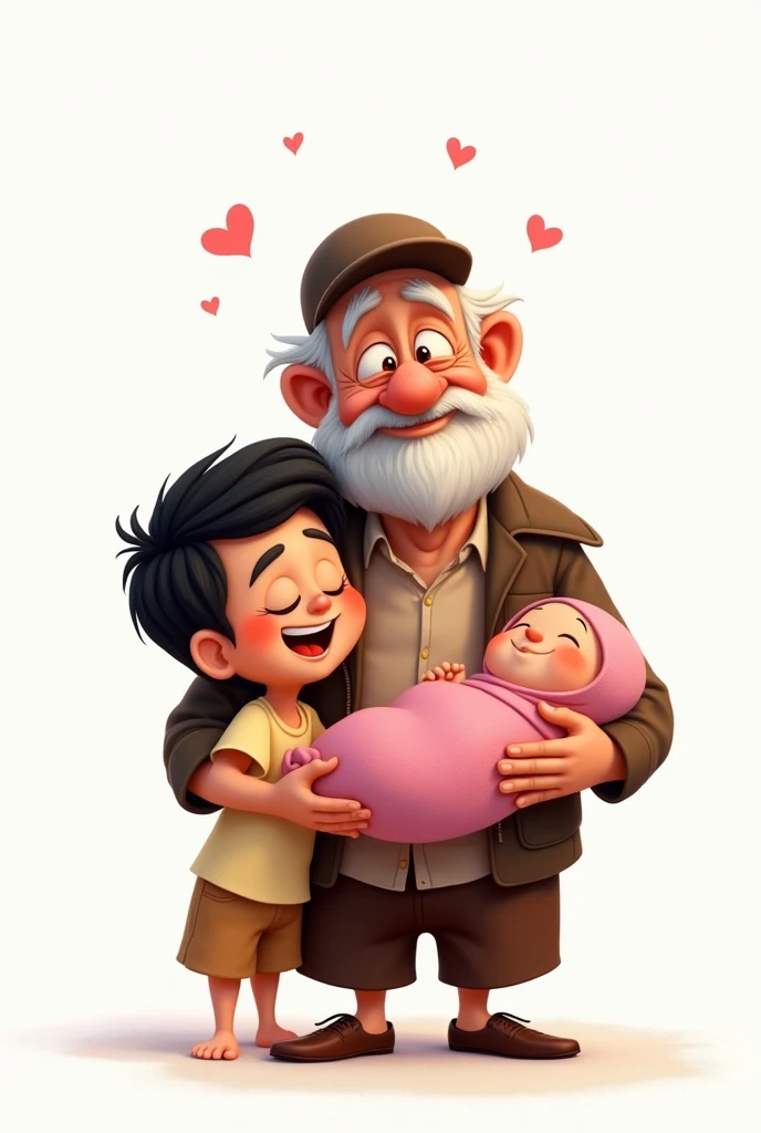 DISNEY-STYLE CARTOON OF LOVING GRANDFATHER WITH BLACK HAIR AND CAP WITH ELDERLY MALE GRANDSON AND NEWBORN GRANDDAUGHTER IN PINK DRESS ON WHITE BACKGROUND