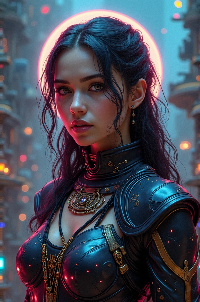 "Reimagine a Renaissance masterpiece in a futuristic and cyberpunk setting. Take inspiration from a classic painting (like ‘La Creación de Adán’de Miguel Ángel) and turn it into a modern version. The characters wear high-tech costumes, with neon lights and holographic details. The backgrounds are filled with floating buildings and shiny circuits. Use intense color palettes: electric blues, purple and neon roses, combined with gold and metallic tones. Details lighting with dramatic contrasts, where technology merges with classical art, highlighting original textures and expressions. All this creates an atmosphere where the past and future collide, transforming the classic into something surprisingly modern and visually captivating."