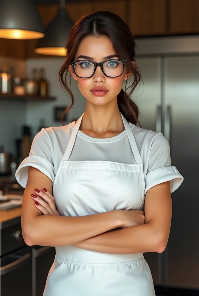 Young female cook, with glasses , with arms crossed, posing