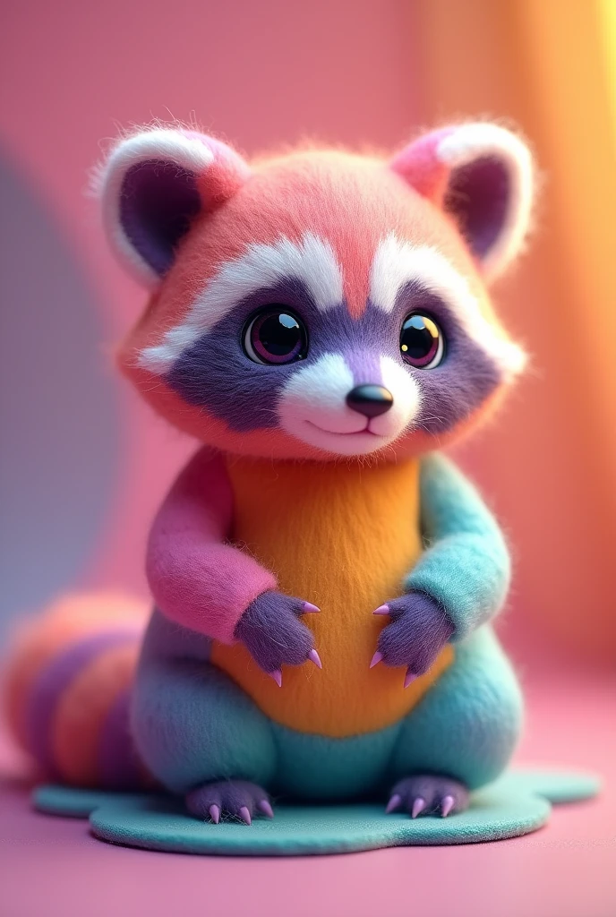 A captivating 3D isometric render of a chibi needle felting raccoon. The fluffy, extra-cute raccoon is vividly colored with bright candy shades, making it appear almost edible. The fur, eyes, and nose are incredibly soft and realistic, while the overall design is adorable and charming. The background is a vibrant, energetic color palette that adds to the conceptual art feel. This piece is perfect for anyone who loves cute and colorful creations., conceptual art, 3d render, vibrant, photo