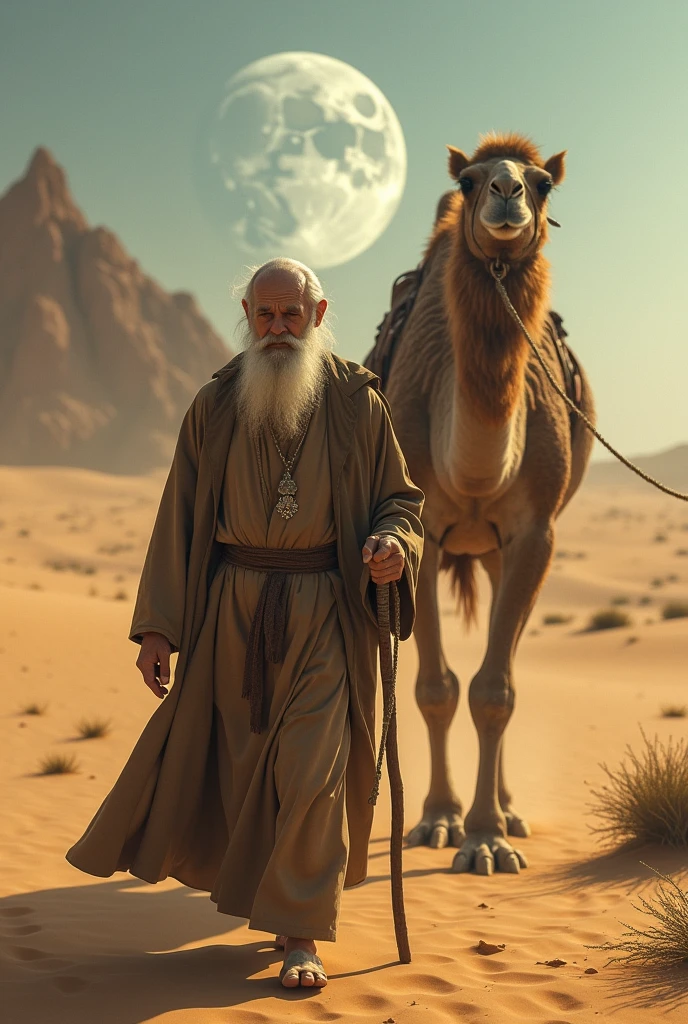 "An elderly religious man from ancient times, walking beside a camel in a vast desert. The cool glow of the setting moon bathes the scene in a sky light, highlighting the spiritual and serene atmosphere. And the scenes captured from back side
