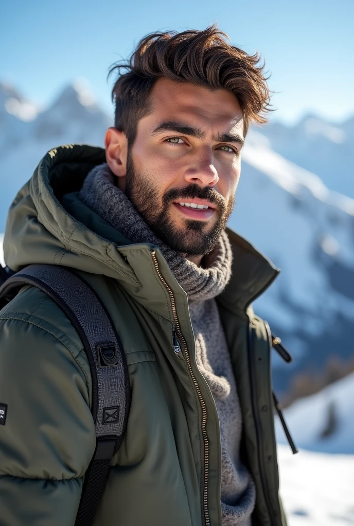 Modèle Instagram saoudien, il s’appel Omra , Ultra réaliste, le réalisme, très détaillé, corps incroyable, beauté charmant, traits du visage plus sexy, Beauté pure, yeux verts, brun, barbue, SFW, dents esthétiques, Pendant vos vacances au ski en Suisse.
