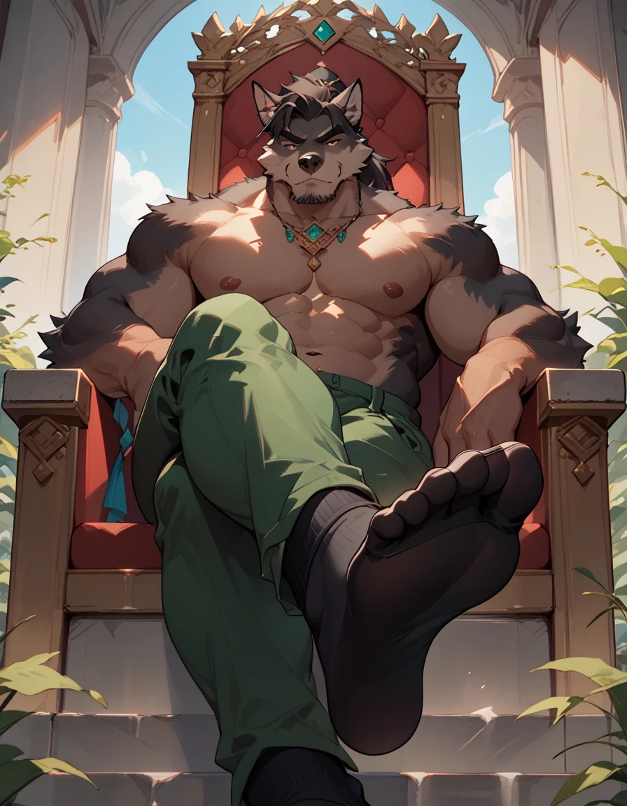 big, furry, muscular male, black wolf, ponytail hair, mature man, sitting on throne, black socks, green pants, topless, crossed legs, sole visible, foot focus, low angle view