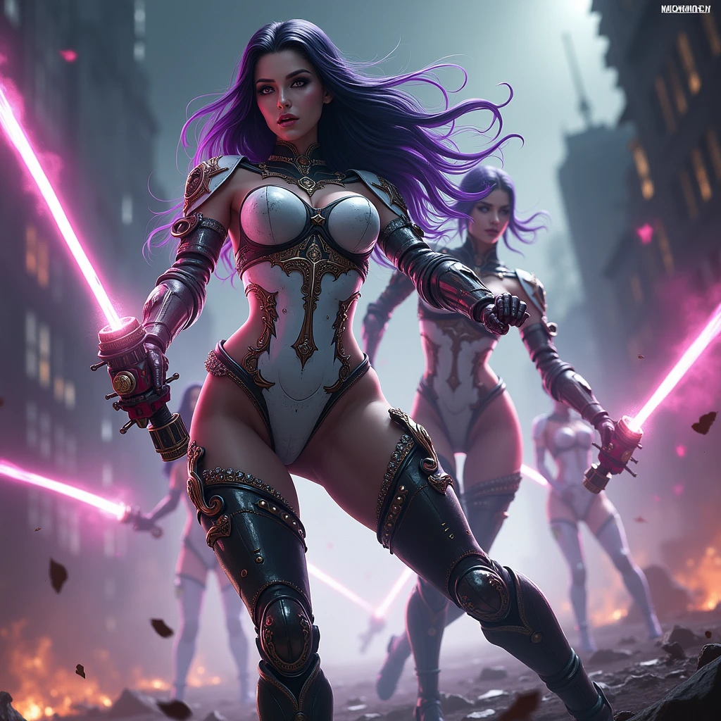 Masterpiece, Best Quality, Official Art, (Highly Detailed CG Unity 8k wallpaper), Detailed background, (Hands by Guido Daniele: 1.1). Full body pose sexy sisters of battle from the warhammer 40k, shooting at the enemy, white armor with intricate details, red armor with intricate details, religous symbols on the armor, sisters of battle, warhammer 40k, Massive silicone breast, pale skin, seductive, temptation, eat your soul, clevage, long flowing black hair with purple highlights, heavy gothic makeup, at night, neon, beautiful detailed eyes, beautiful detailed lips, extremely detailed eyes and face, long eyelashes, highly detailed armor, intricate futuristic weaponry, dramatic lighting, cinematic composition, muted color palette, gritty and realistic, mecha, science fiction, hyper-detailed, photorealistic, award winning digital art, 8k, HDR, masters work, in the middle of a battle field, full body combat action pose, explosions and fire around, full war, stunning, Stilleto heels, high heels, full body pose, cinematic, movie trailer, final stand!, nemesis, ready to strike, dust and debree, combat screams, attacking, shooting at the enemy, running forward, last line of defense, charging, fanatic, religious, templar knights, sisters of battle, warhammer 40k