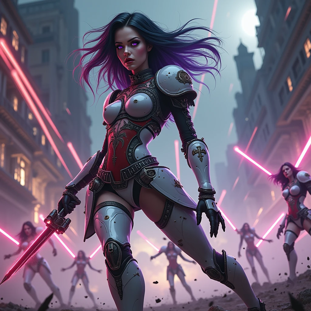 Masterpiece, Best Quality, Official Art, (Highly Detailed CG Unity 8k wallpaper), Detailed background, (Hands by Guido Daniele: 1.1). Full body pose sexy sisters of battle from the warhammer 40k, shooting at the enemy, white armor with intricate details, red armor with intricate details, religous symbols on the armor, sisters of battle, warhammer 40k, Massive silicone breast, pale skin, seductive, temptation, eat your soul, clevage, long flowing black hair with purple highlights, heavy gothic makeup, at night, neon, beautiful detailed eyes, beautiful detailed lips, extremely detailed eyes and face, long eyelashes, highly detailed armor, intricate futuristic weaponry, dramatic lighting, cinematic composition, muted color palette, gritty and realistic, mecha, science fiction, hyper-detailed, photorealistic, award winning digital art, 8k, HDR, masters work, in the middle of a battle field, full body combat action pose, explosions and fire around, full war, stunning, Stilleto heels, high heels, full body pose, cinematic, movie trailer, final stand!, nemesis, ready to strike, dust and debree, combat screams, attacking, shooting at the enemy, running forward, last line of defense, charging, fanatic, religious, templar knights, sisters of battle, warhammer 40k