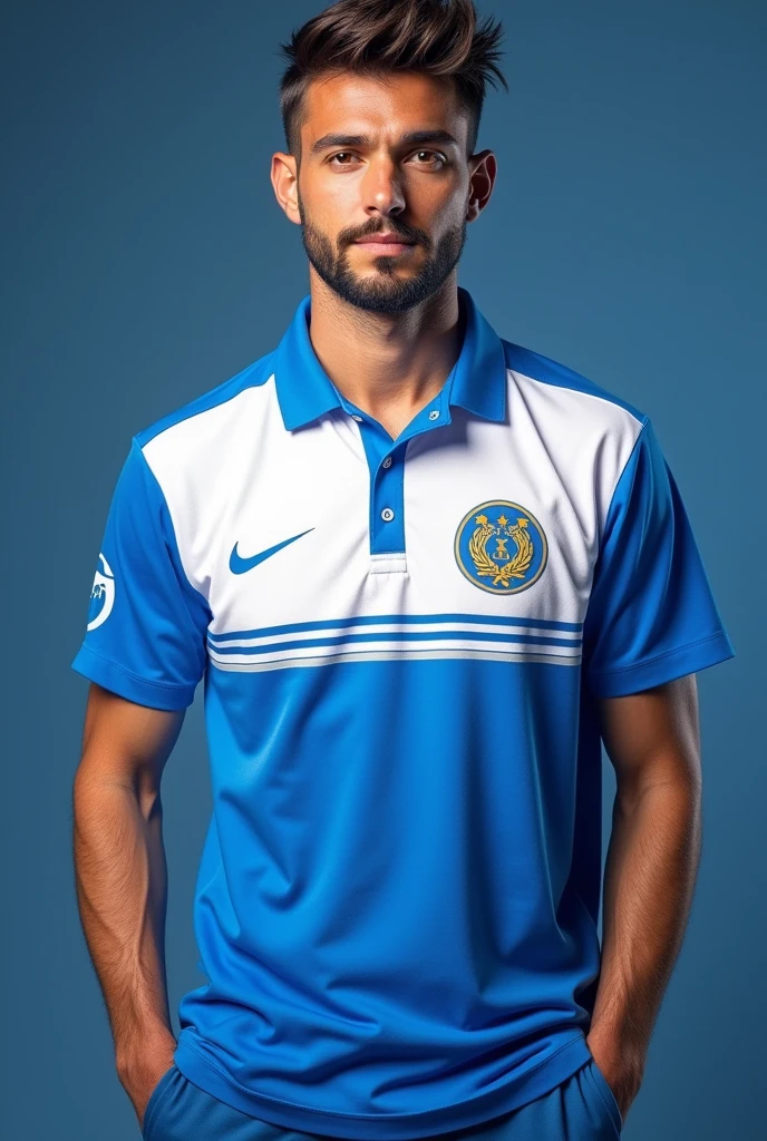 white and blue team shirt
