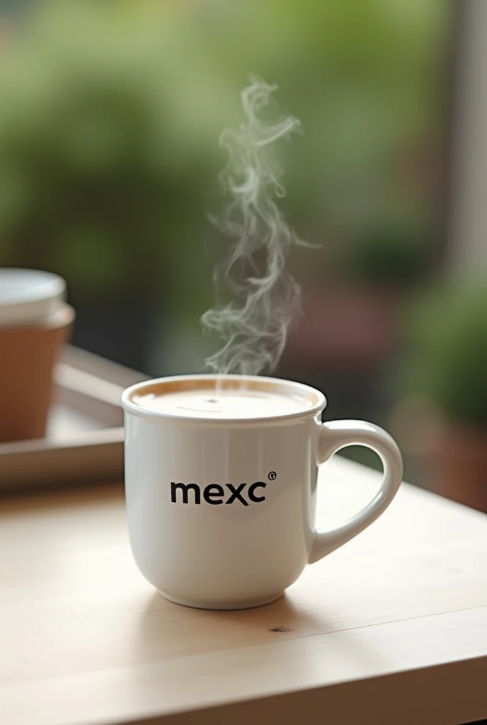 Generate an image of a close-up shot of a white mug with the text 'MEXC' on it. The mug is filled with a frothy beverage, like coffee, and is placed on a light-colored table. The background should be outdoors with a blurred effect, showing a garden or patio area