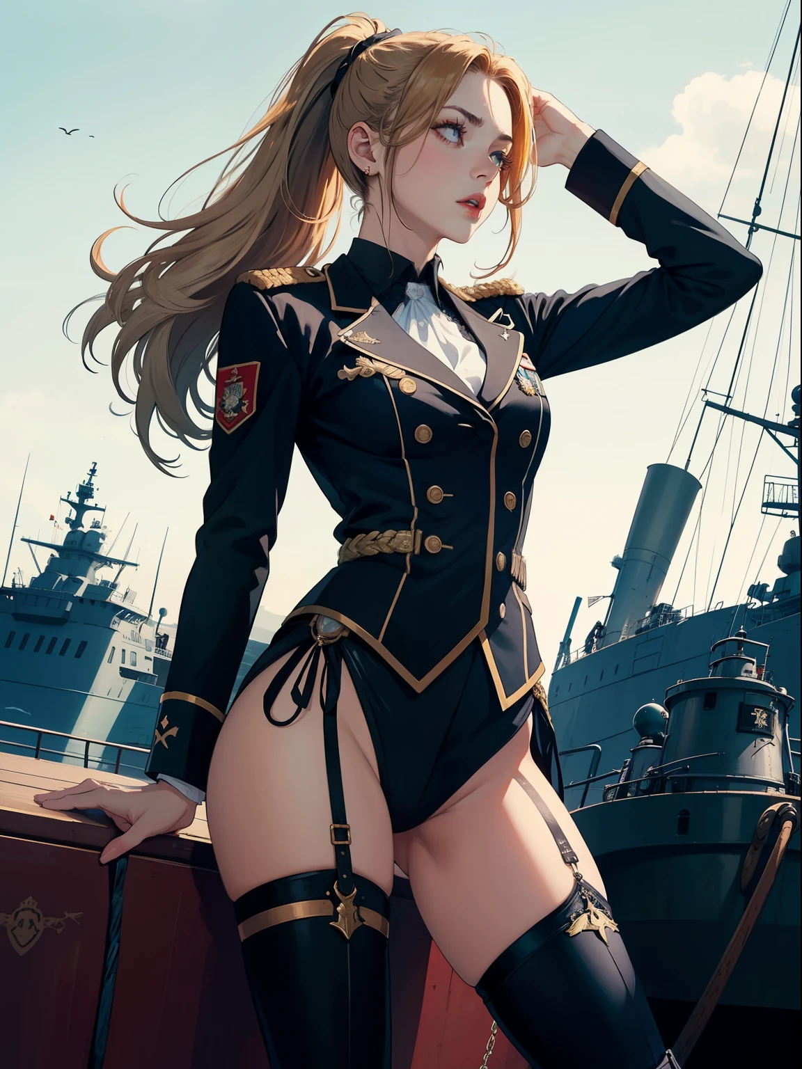 Hot young woman, long red hair, ponytail, admiral's uniform, many nautical tattoos, black make-up, high boots, high quality, best quality, high details, blue eyes, perfect body, warship in backround, navy, cannons fire, masterpiece, multilayer, angry eyes, young man with short dark blonde hair and beart, royal uniform, movie, film, epic, highlight, perfect fingers