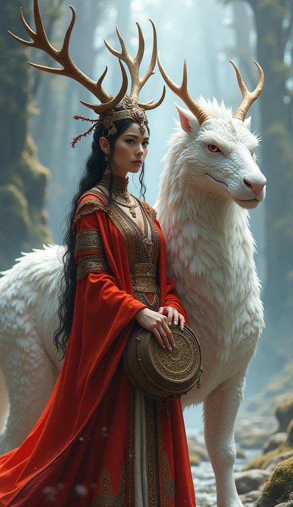 beautiful Queen. white dragon, shaman deer antlers red clothing . shaman's drum.