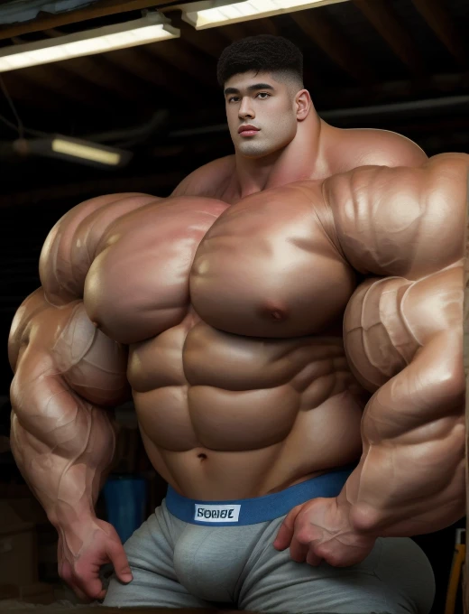 1boy, giant, asian, solo, giant bodybuilder, golden hour, strong body, bulk, large size, standing in any garage, indoor, nude, blue triangular underwear with enormous bulge, extraordinary big, brutalmass, giant muscular body, bulk, buff, massive body, large meaty body size, extremely wide body, tallest body