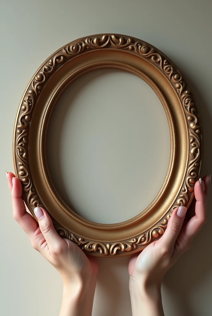 female hands holding a round large size picture frame