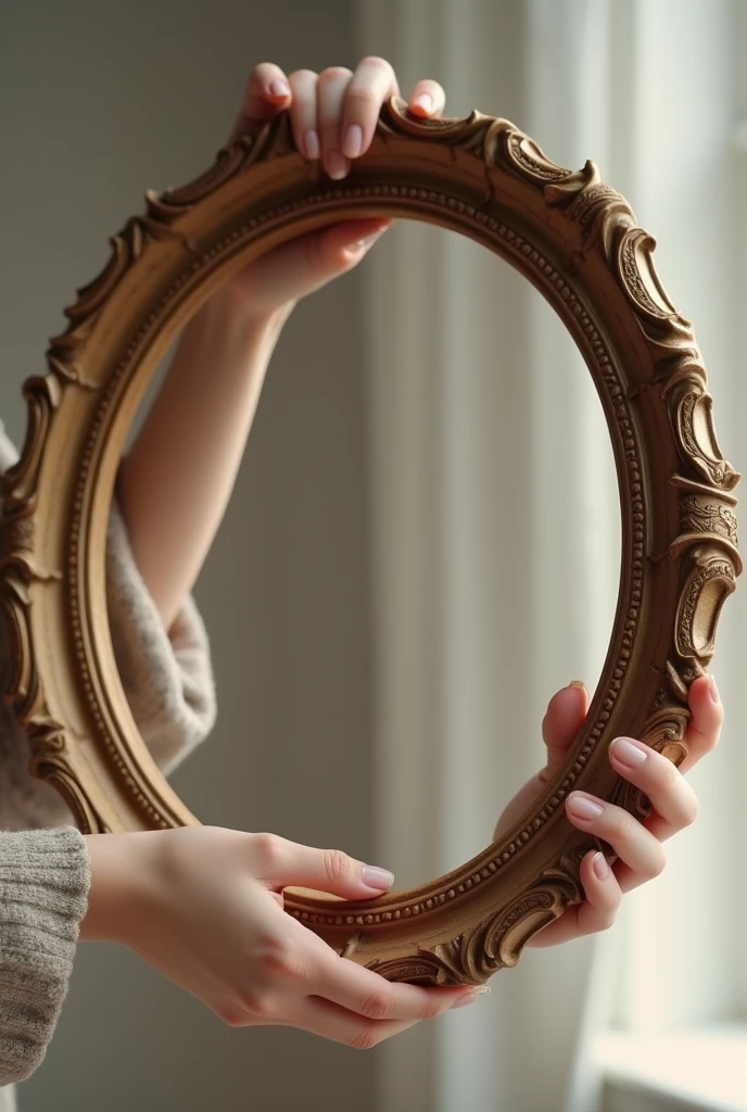female hands holding a round large size picture frame
