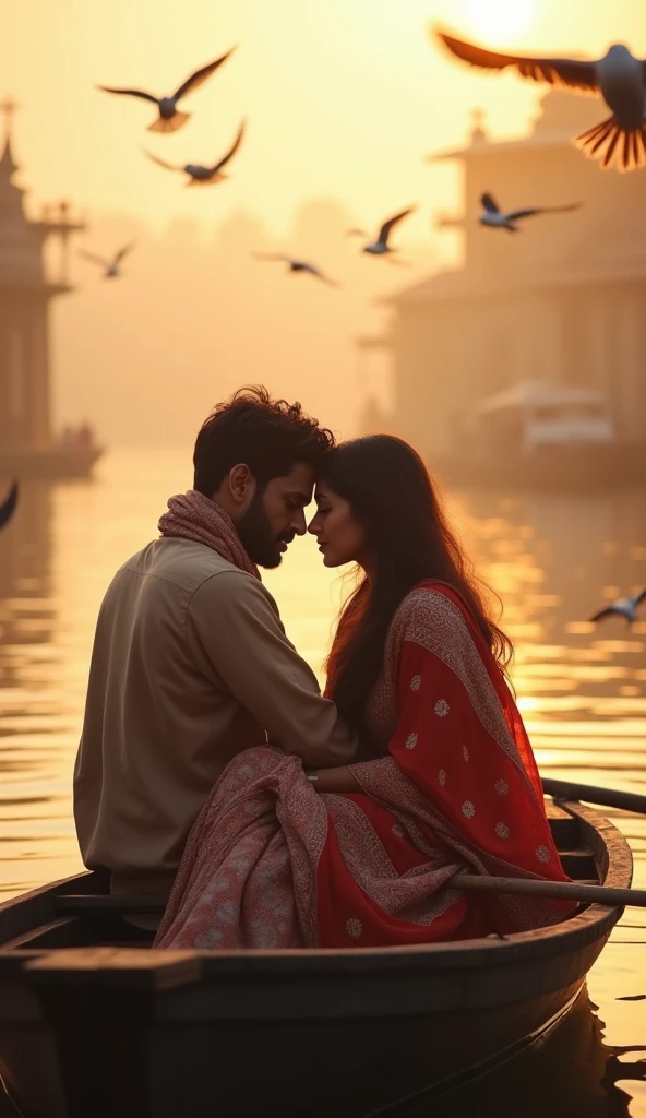 Realistic1.6 a beautiful girl with his boyfriend in winter shawl in ethnic ride boat in banaras ghat in morning sun glow with cinematic lights and birds flying behind them sunlight create warm tone around her vide area UHD detailed 85mm lense 