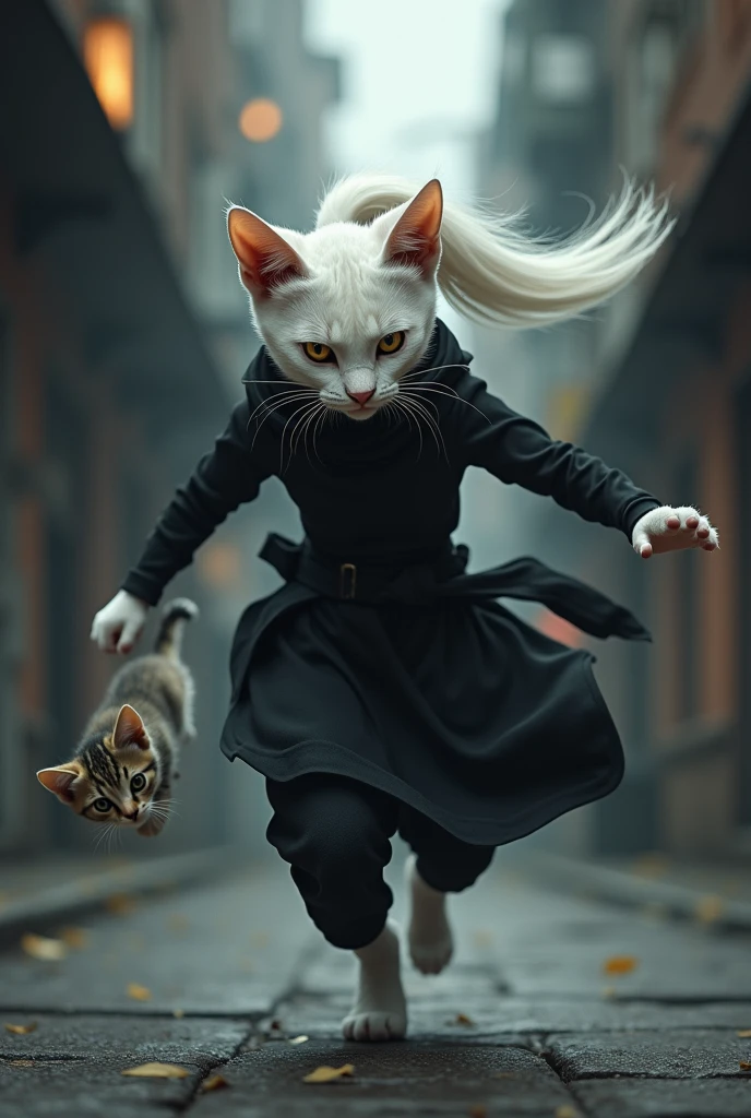 A white female cat dressed in black ninja dress with scar across eyes and with white ponytail saves a white kitten from robbers