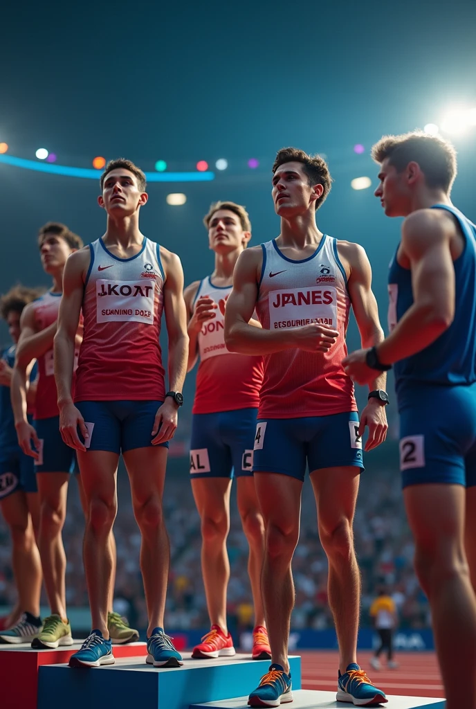 athletes on the podium wearing a smartwatch on their wrist showing their heart rate on television