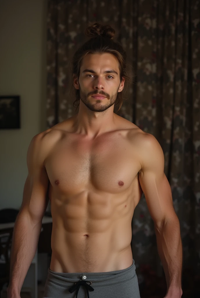 Create dynamically posed pornographic sexual images, a man cooks, a handsome man, Can Yaman, 20 year, long brown hair with bun, strong square chin, defined chin, thin thin mustache , strong muscular physique, naked with long dick penis hard dick. 