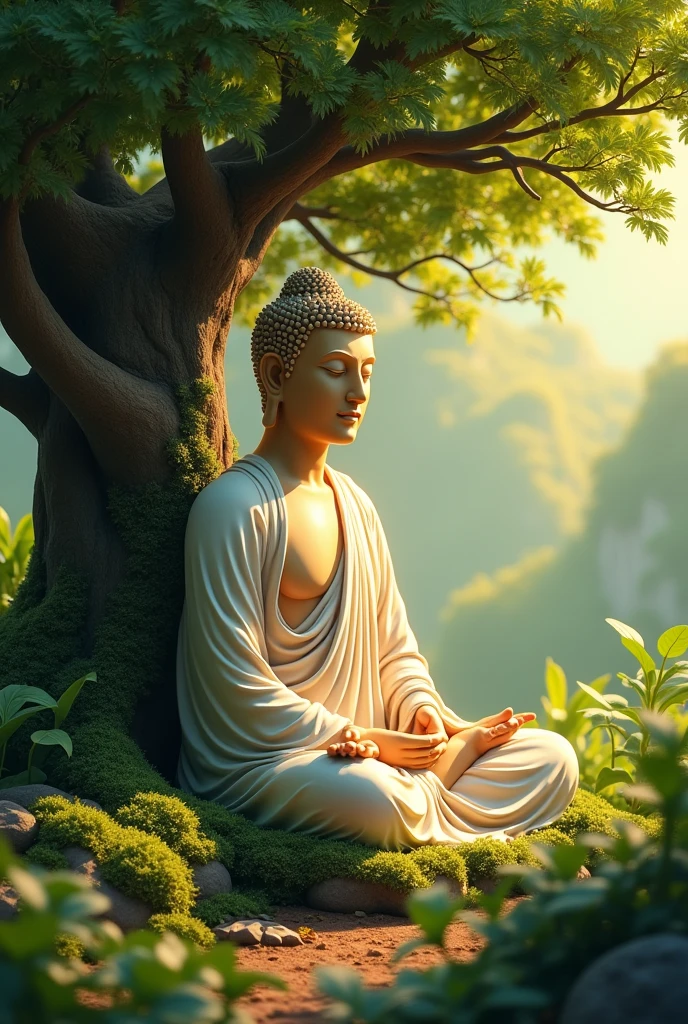 budda, sitting under the tree, meditation, plants in background, realistic, intricate details, warm colors