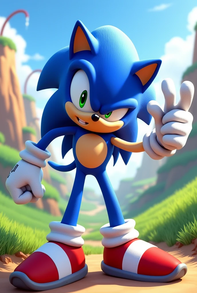 Create an image of Sonic making the letter A with his hand 
