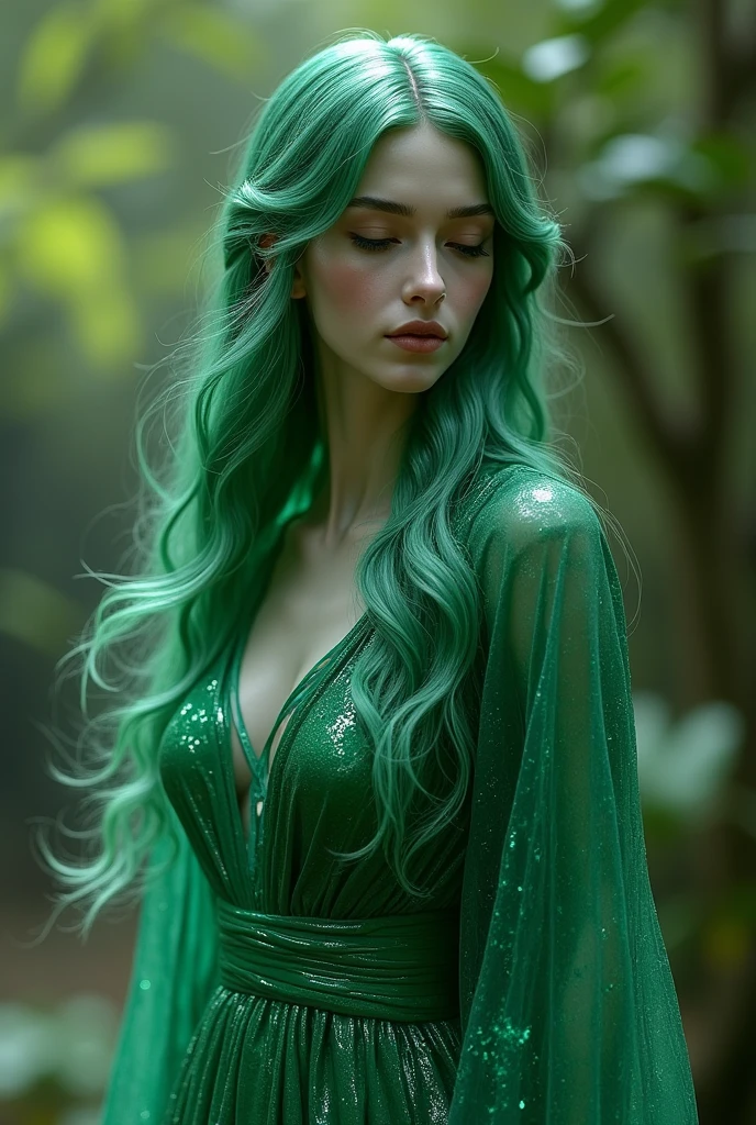Sexy girl with long straight hair turned into a emerald statue