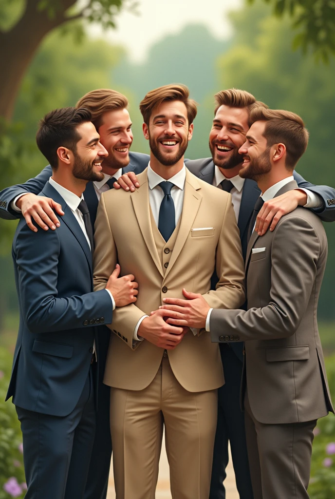 Four male friends supporting the fifth male friend at his wedding in his beige suit