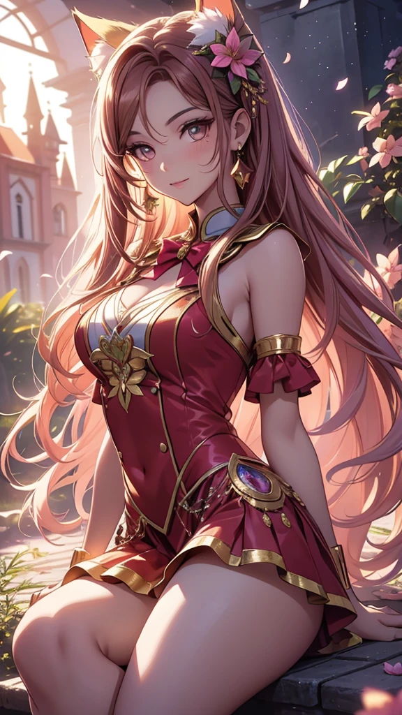 (best quality,4k,8k,highres,masterpiece:1.2),ultra-detailed,(realistic,photorealistic,photo-realistic:1.37),acrylic painting,beautiful Brazilian model in a uniform outfit red and gold with downy hair,beautiful Brazilian model with extremely colorful brown hair and detailed facial features,beautiful Brazilian model standing in a beautiful garden surrounded by a starry sky,pink hair,beautiful Brazilian model wearing a vibrant rose pinkl and gold uniform outfit,beautiful Brazilian model with intricate accessories,cat ears, ,beautiful Brazilian model with long flowing twintails,beautiful Brazilian model with bright brown eyes and rosy lips,beautiful Brazilian model with a joyful expression,beautiful Brazilian model in a dynamic pose with cherry blossoms falling around her,beautiful Brazilian model surrounded by colorful flowers and butterflies,beautiful Brazilian model's school uniform outfit adorned with cute bows and lace details red and gold,beautiful Brazilian model with an enchanting smile,beautiful Brazilian model with soft, pastel-colored shading,beautiful Brazilian model with a magical glow illuminating her,beautiful Brazilian model in a picturesque setting with a winding path leading to a magnificent castle,beautiful Brazilian model with a fairytale-like background,beautiful Brazilian model with a soft, dreamy atmosphere,beautiful Brazilian model with a subtle bokeh effect,beautiful Brazilian model standing under a sunny sky,beautiful Brazilian model with a warm, golden sunset in the background,beautiful Brazilian model surrounded by twinkling stars and colorful nebulae,creating an ethereal and captivating artistic masterpiece, sitting down, facing camera, uniform outfit genshin 
