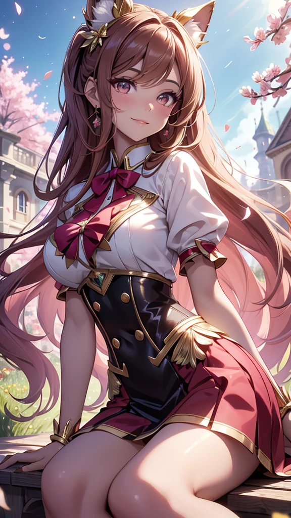 (best quality,4k,8k,highres,masterpiece:1.2),ultra-detailed,(realistic,photorealistic,photo-realistic:1.37),acrylic painting,beautiful Brazilian model in a uniform outfit red and gold with downy hair,beautiful Brazilian model with extremely colorful brown hair and detailed facial features,beautiful Brazilian model standing in a beautiful garden surrounded by a starry sky,pink hair,beautiful Brazilian model wearing a vibrant rose pinkl and gold uniform outfit,beautiful Brazilian model with intricate accessories,cat ears, ,beautiful Brazilian model with long flowing twintails,beautiful Brazilian model with bright brown eyes and rosy lips,beautiful Brazilian model with a joyful expression,beautiful Brazilian model in a dynamic pose with cherry blossoms falling around her,beautiful Brazilian model surrounded by colorful flowers and butterflies,beautiful Brazilian model's school uniform outfit adorned with cute bows and lace details red and gold,beautiful Brazilian model with an enchanting smile,beautiful Brazilian model with soft, pastel-colored shading,beautiful Brazilian model with a magical glow illuminating her,beautiful Brazilian model in a picturesque setting with a winding path leading to a magnificent castle,beautiful Brazilian model with a fairytale-like background,beautiful Brazilian model with a soft, dreamy atmosphere,beautiful Brazilian model with a subtle bokeh effect,beautiful Brazilian model standing under a sunny sky,beautiful Brazilian model with a warm, golden sunset in the background,beautiful Brazilian model surrounded by twinkling stars and colorful nebulae,creating an ethereal and captivating artistic masterpiece, sitting down, facing camera, uniform outfit genshin