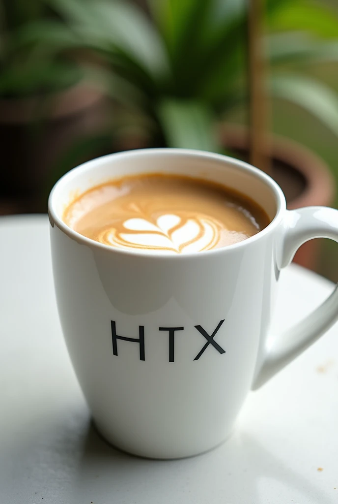 Generate an image of a close-up shot of a white mug with the text HTX on it. The mug is filled with a frothy beverage, like coffee, and is placed on a light-colored table. The background should be outdoors with a blurred effect, showing a garden or patio area