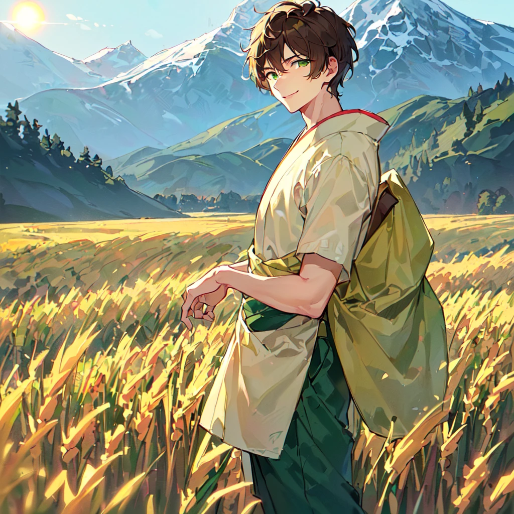 masterpiece, best quality, high quality, extremely detailed, (1 male handsome age 19, solo alone: 1.5), (short short hair: 1.5), (brown hair color), (yellowish green eyes: 1.3), 8 heads tall, slender nose, facial muscles, throat (Kimono with short sleeves and pants: 1.3), (standing), (dynamic pose), (smile: 1.3), (background rice field and mountains: 1.3), (morning sun: 1.3)