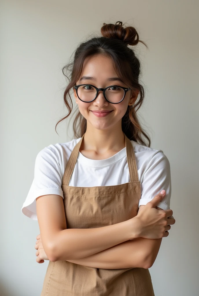 Young female cook, with glasses , with arms crossed, posing and with a playful expression