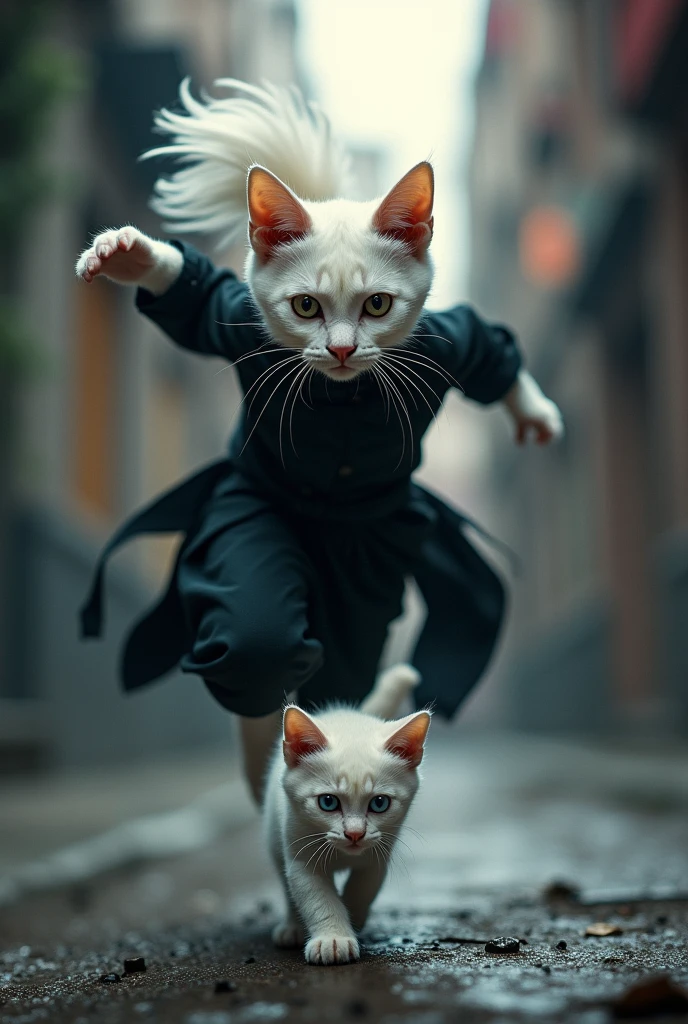 A white female cat dressed in black ninja dress with scar across eyes and with white ponytail saves a white kitten from robbers