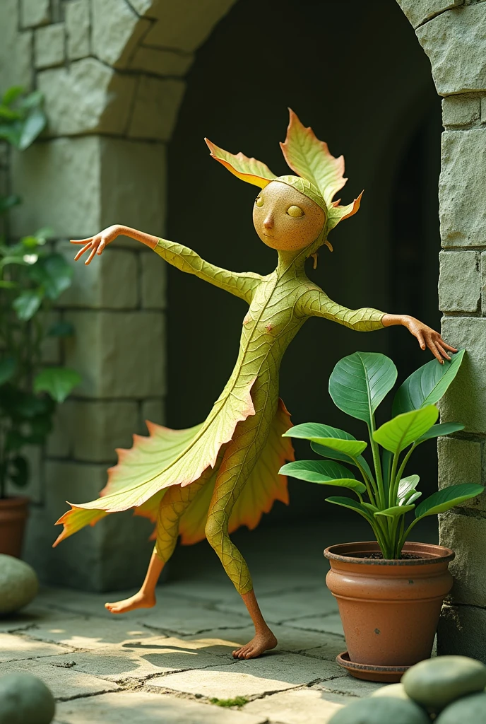 Couple leaf man dancing with pot and background grean stone