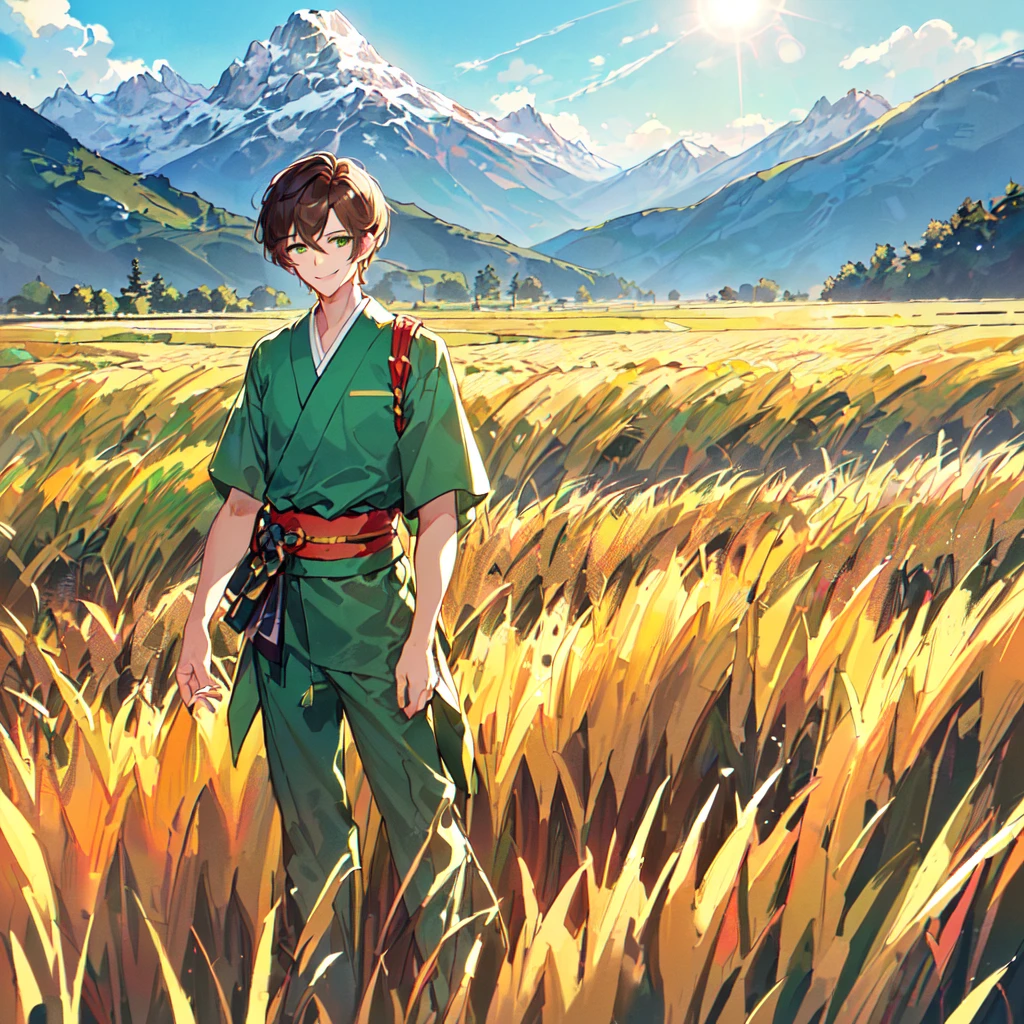 masterpiece, best quality, high quality, extremely detailed, (1 male handsome age 19, solo alone: 1.5), (short short hair: 1.5), (brown hair color), (yellowish green eyes: 1.3), 8 heads tall, slender nose, facial muscles, throat (Kimono with short sleeves and pants: 1.3), (standing), (dynamic pose), (smile: 1.3), (background rice field and mountains: 1.3), (morning sun: 1.3)
