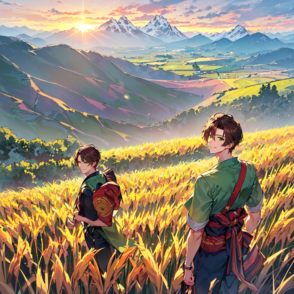 masterpiece, best quality, high quality, extremely detailed, (1 male handsome age 19, solo alone: 1.5), (short short hair: 1.5), (brown hair color), (yellowish green eyes: 1.3), 8 heads tall, slender nose, facial muscles, throat (Kimono with short sleeves and pants: 1.3), (standing), (dynamic pose), (smile: 1.3), (background rice field and mountains: 1.3), (morning sun: 1.3)