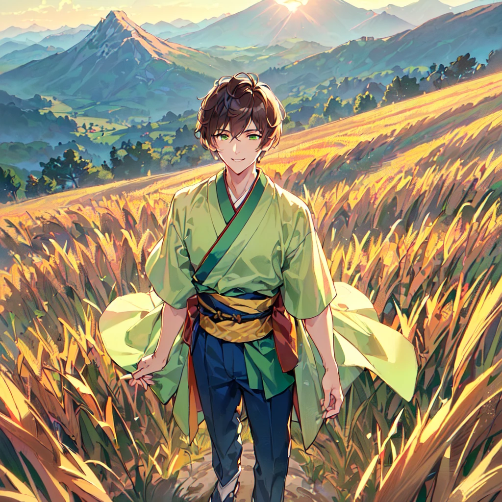 masterpiece, best quality, high quality, extremely detailed, (1 male handsome age 19, solo alone: 1.5), (short short hair: 1.5), (brown hair color), (yellowish green eyes: 1.3), 8 heads tall, slender nose, facial muscles, throat (Kimono with short sleeves and pants: 1.3), (standing), (dynamic pose), (smile: 1.3), (background rice field and mountains: 1.3), (morning sun: 1.3)