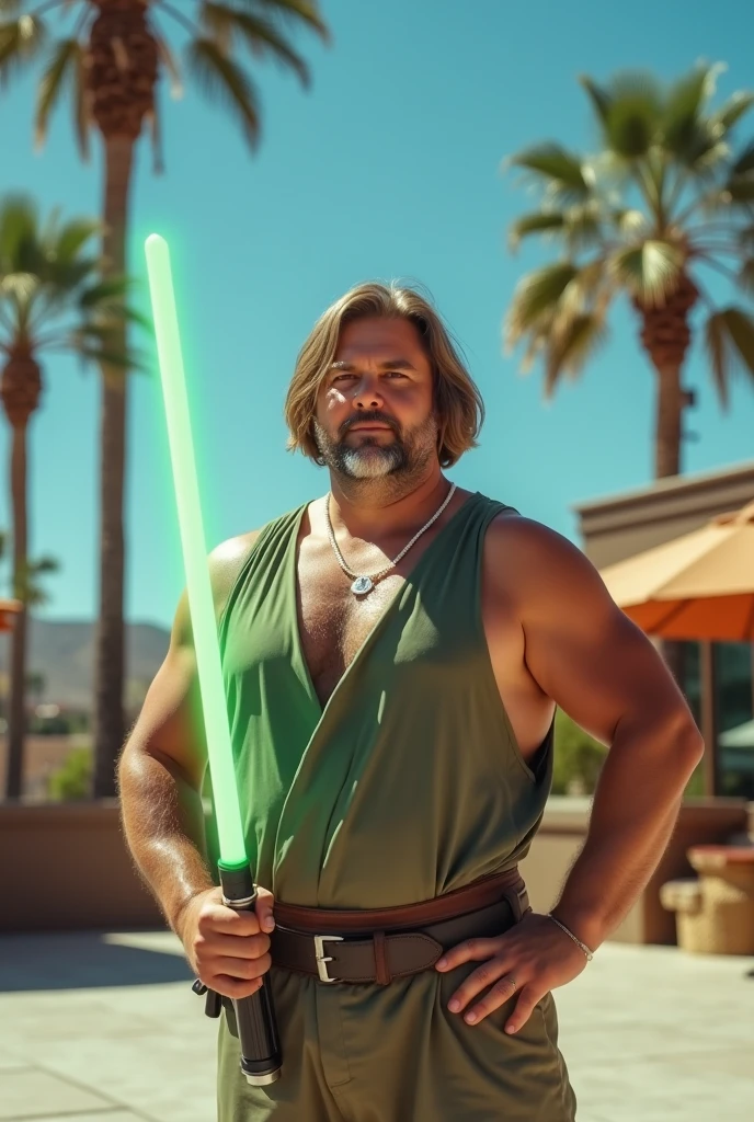 vintage photography of a burly middle aged man as a ((jedi with a light saber)) with ((textured bob haircut)) wearing (vintage clothes),dressed in green bikini top,white necklace,palm trees,blue sky,outdoor furniture,patio setting,standing upright,hands on hips,slight smile,eye-level shot,centered subject,shallow depth of field,natural lighting,use a backlighting effect to add depth to the image. impressionistic painting style,john singer sarget,blue pallette,(low view:1.2),shot on Sony RX100 VII with Built-in 24-200mm f-2.8-4.5,photo by Lewis Baltz