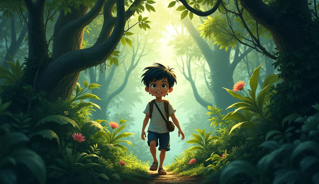 young boy walking in hunted jungle