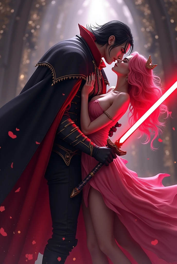 Mihawk Dulacre with red lightsaber kissing pink haired Perona tight