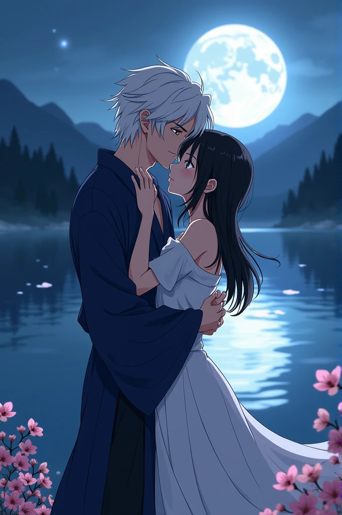 Create a 2D anime-style image of a white-haired man. He should be inspired by Saizo Kirigakure from Ninja Love., He must be hugging a black-haired woman and in the background of the image there must be a lake illuminated by the full moon.
