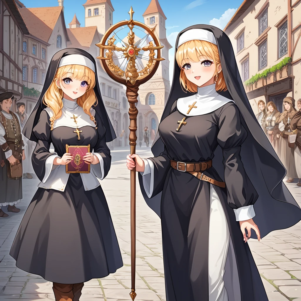 Medieval Europe,During the day,A nun in white monastic robes,Holding a short staff,A book hangs on the belt,Strolling the city streets。Mid-ground composition,Anime style,Game illustration style,Magic style,Suitable for card illustrations。
