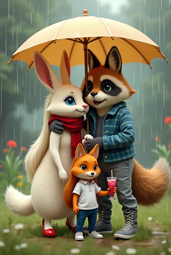 Snow-white anthropomorphic fluffy hare with blue eyes and long flowing light blond hair. A hare in a dark beige floor-length dress and a scarlet scarf. Shoes hare scarlet heels. The hare is hugged by an anthropomorphic raccoon in a blue checkered shirt and gray pants. Raccoon Shoes Gray Boots. In front of them stands an anthropomorphic orange fox with orange, loose hair reaching the floor.. The fox is shorter than them.. The fox is wearing a white long-sleeved polo shirt and blue jeans.. Fox shoes white sneakers. The fox holds a glass of grape cocktail with a straw in its paw. They all stand under one beige umbrella.. Background meadow and rain.
