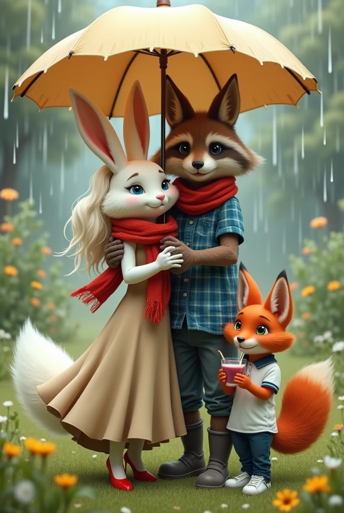Snow-white anthropomorphic fluffy hare with blue eyes and long flowing light blond hair. A hare in a dark beige floor-length dress and a scarlet scarf. Shoes hare scarlet heels. The hare is hugged by an anthropomorphic raccoon in a blue checkered shirt and gray pants. Raccoon Shoes Gray Boots. In front of them stands an anthropomorphic orange fox with orange, loose hair reaching the floor.. The fox is shorter than them.. The fox is wearing a white long-sleeved polo shirt and blue jeans.. Fox shoes white sneakers. The fox holds a glass of grape cocktail with a straw in its paw. They all stand under one beige umbrella.. Background meadow and rain.