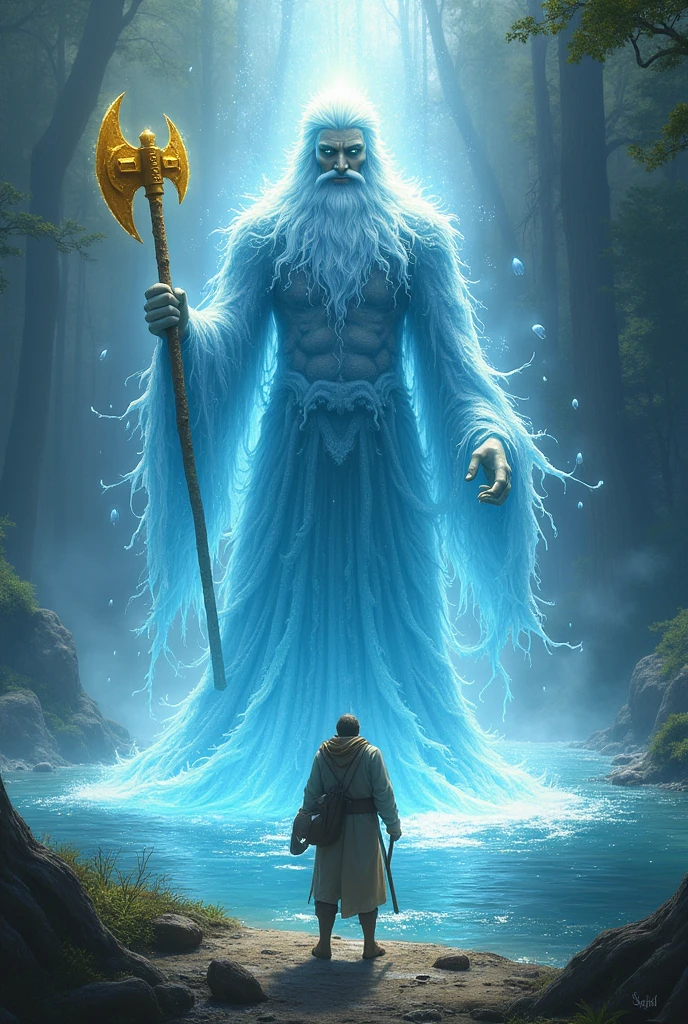 Scene 4: The River God AppearsPrompt: The river god, a majestic figure with a glowing aura, emerges from the river. He has a kind and gentle face, with flowing robes made of water. He is holding a golden axe and stands before the woodcutter, who looks up at him in awe and respect. The river sparkles, and the light around the god creates a magical atmosphere.