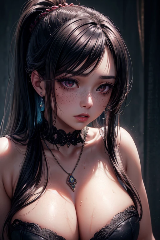 Kaori, Single model, solo, half Asian, half Latino, very long straight black hair, high ponytail, freckles, blushing, wet eyes, long chain pendant, very large heavy breasts, chubby, belly, stretchmarks, (best quality,4k,8k,highres,masterpiece:1.2),ultra-detailed,(realistic,photorealistic,photo-realistic:1.37),detailed portrait, cinematic lighting, natural skin texture, intricate details, dramatic colors, moody atmosphere, heavy eye shadow, mascara, demon