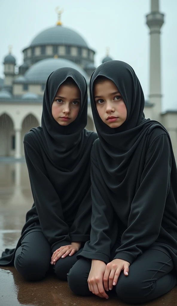 8k, best quality, Medium close-up, (Best quality,8K,tmasterpiece:1.3), (2 young girls:1.1), two beautiful young 12 yearsjadian girl, veil hijab ((turkish girl hijab)), ((long hijab, close hijab)), fit body, perfect eyes, pale skin, fair skin, perfect skin, ((outdoor)), at morning, ultra-delicate face, delicate eyes, double eyelids, half smile, Realistic, beautiful and delicate photo,heterosexual, braless, cold expression, cold pose, back view, climb on all four at the front of the mosque, (Falling rain:1.3), (at the front of mosque:1.4),back view, buttock stand out, topless body, sexy pose, full body shot, spread legs wide open, show off vagina, backshot, buttocks exposed, topless, small flat breast, slim body, skinny, ((take a selfie photo))
