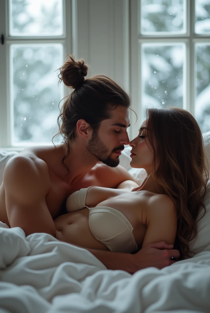 Create dynamically posed images, a couple sleeping in bed, a handsome man, Can Yaman, 20 year, long brown hair with bun, strong square chin, defined chin, thin thin mustache , strong muscular physique, Unclothed com o dick duro. He is sucking on a young woman&#39;s breast with his mouth., Kennedy Walsh, Caucasian skin, freckles, greyish blue eyes, very long brown silky hair with curtain style bangs, Unclothed. They are lying in a large white bed sleeping with window panes showing a pine forest falling snow