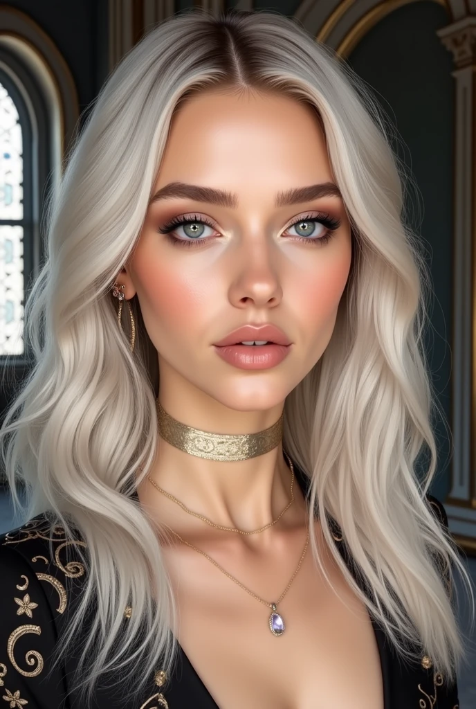 Hyperrealistic female character art by David Hockney and Alphonse Mucha, fantasy art, realistic art, Dynamic lighting, Art station, volumetric lighting, Highly detailed faces, 8k,full hd, prime,, 1girl, In the dark, deep shadow, discreet, cowboy shot, (official attire: 1.4), long hair, White hair, hair with black lights