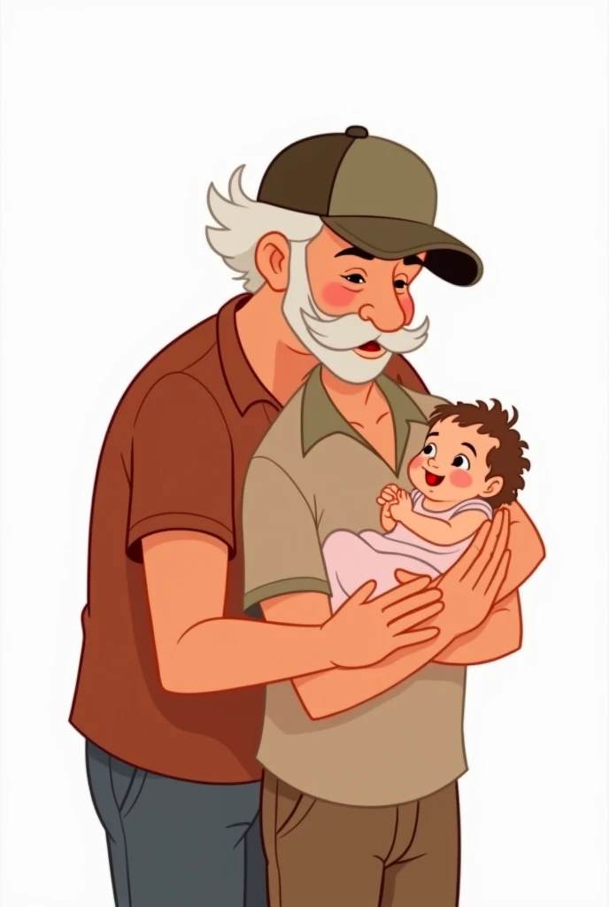 DISNEY-STYLE CARTOON OF LOVING GRANDFATHER IN A CAP WITH AN ADULT MALE GRANDSON AND NEWBORN GRANDAUGHTER IN A PINK DRESS ON A WHITE BACKGROUND