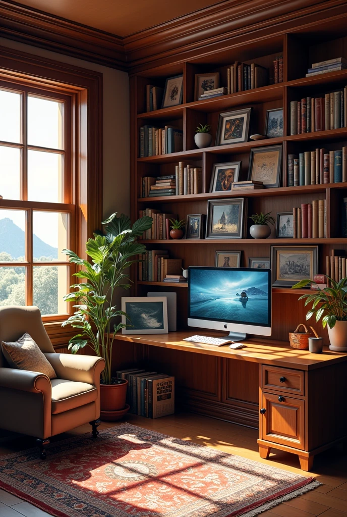 A room with a library and a PC