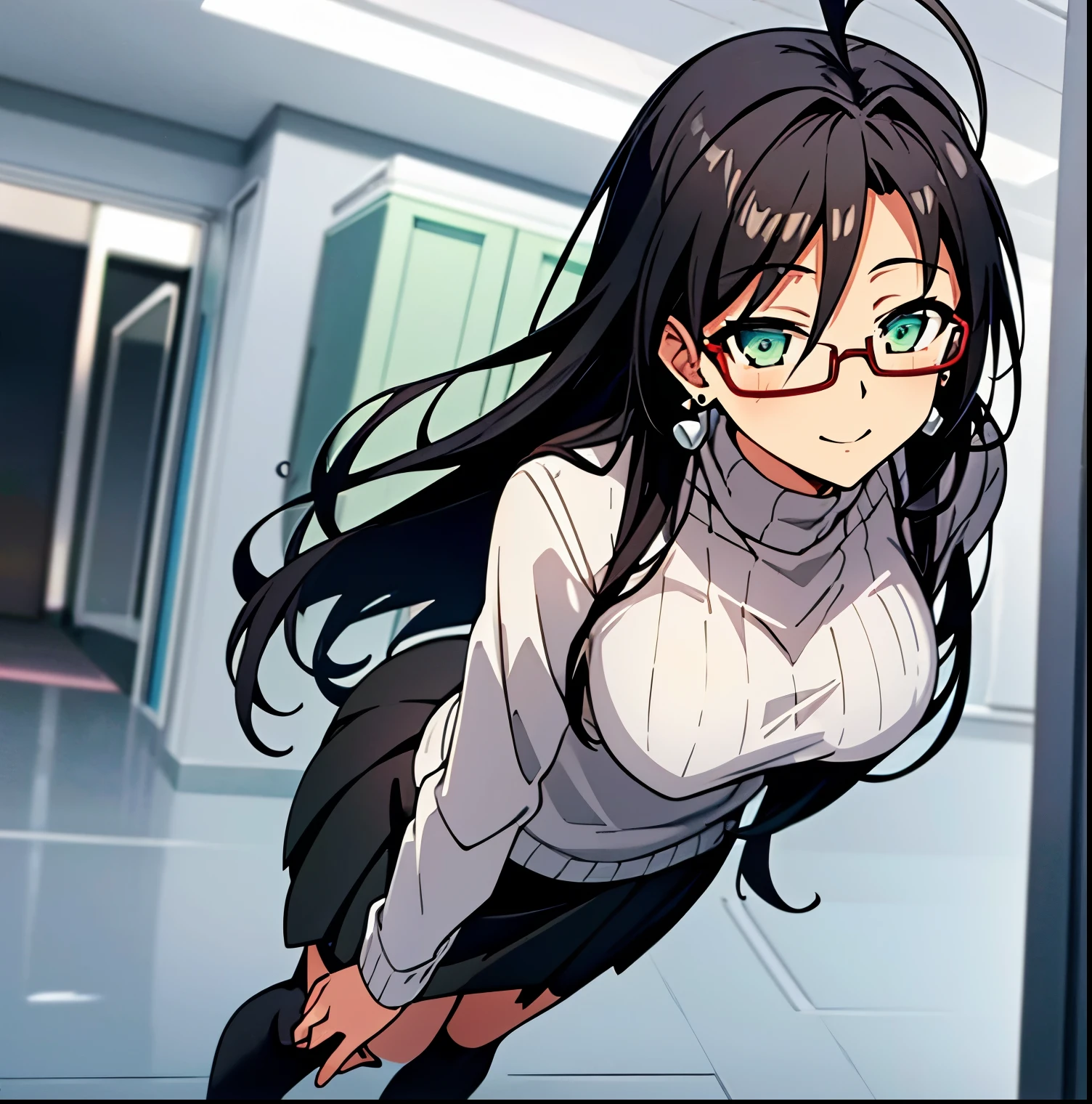 1girl, alone, chisato Hasegawa,(extremely detailed CG unity 4k wallpaper),(masterpiece),(ultra quality),(ultra-detailed),(best illustration),(best shadow),(absurdres),(detailed background), Chisato Hasegawa,full height:1.4, 1girl, solo, glasses, green eyes, long hair, breasts, labcoat, thighhighs, black hair, earrings, mole, large breasts, jewelry, mole under eye, sweater, looking at viewer, open mouth, ribbed sweater, skirt, smile, turtleneck, semi-rimless eyewear, garter straps, antenna hair, perfect hands, perfect anatomy, looking back, from behind,focus on ass:1.4, point of view:(from below)